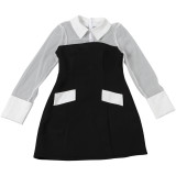Women Autumn Sexy Color Block Mesh See-Through Dress