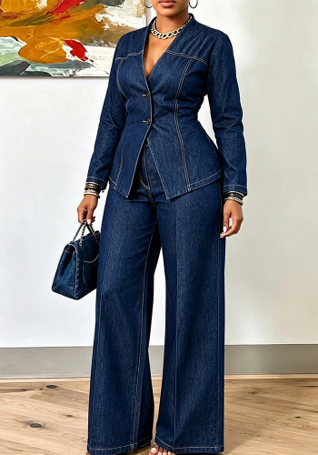 Women V-Neck Denim Top and Pants Two Piece Set