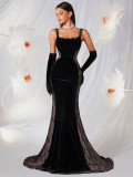 Women Black Velvet Lace Mermaid Spaghetti Strap Boned Formal Party Train Evening Dress
