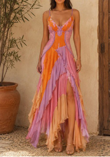 Women American Color Block Embroidery Boned Corset Ruffle Mermaid Dress
