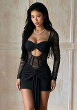 Women Sexy Lace Patchwork Hollow Out Strapless Long Sleeve Bodycon Dress
