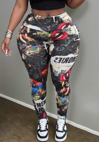 Plus Size Women Graffiti Red Lip Letter Print Stretchy Pants