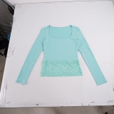 Women U-Neck Lace Patchwork Solid Long Sleeve Top T-Shirt