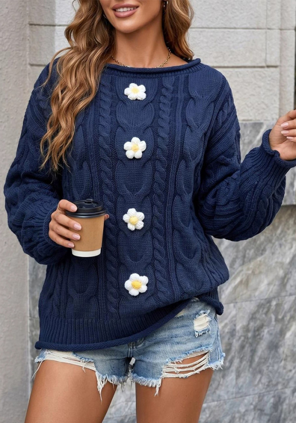 Women Roll Edge Cable Knit Off Shoulder Crochet Patchwork Sweater