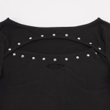 Women Rivet Long Sleeve Sexy Hollow Out Solid Stretchy Top
