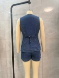 Women Washed V-Neck Sleeveless Denim Vest and Shorts Two Piece Set
