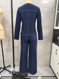 Women V-Neck Denim Top and Pants Two Piece Set