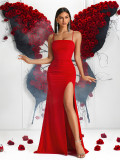 Women Red Off Shoulder Spaghetti Strap Rose Butterfly Slit Formal Party Evening Dress