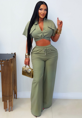 Women Turndown Collar Knot Crop Top and Casual Wide Leg Pants Two Piece Set