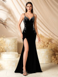 Women Black Velvet Sexy Slit Evening Dress