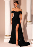 Women Off Shoulder Strapless Black Sequin Mermaid Formal Party Evening Dress