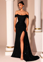 Women Off Shoulder Strapless Black Sequin Mermaid Formal Party Evening Dress Women Off Shoulder Strapless Black Sequin Mermaid Formal Party Evening Dress
