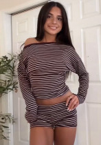 Women Striped Slash Shoulder Long Sleeve Top and Shorts Two Piece Set Women Striped Slash Shoulder Long Sleeve Top and Shorts Two Piece Set