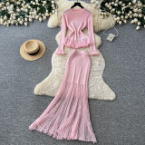 Women Elegant Knit Ruffle Top Bodycon Midi Skirt Two Piece Set