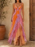 Women American Color Block Embroidery Boned Corset Ruffle Mermaid Dress