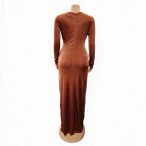 Plus Size Women Long Sleeve Round Neck Stretchy Irregular Button Dress