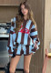 Women Color Block Striped V-Neck Knit Long Sleeve Top and Shorts Two Piece Set