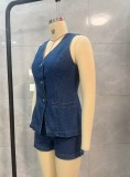 Women Washed V-Neck Sleeveless Denim Vest and Shorts Two Piece Set