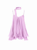 Women Chiffon Spaghetti Strap Neck Tie Ruffle Dress