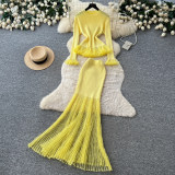 Women Elegant Knit Ruffle Top Bodycon Midi Skirt Two Piece Set