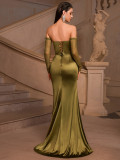 Women Lace See-Through Sleeve Slit Formal Party Evening Dress