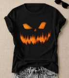 Women Halloween Pumpkin Print Summer Black Round Neck Short Sleeve T-Shirt