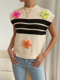 Women Round Neck Color Block Striped Sleeveless Casual Elegant Floral Knit Vest