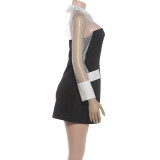 Women Autumn Sexy Color Block Mesh See-Through Dress