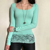 Women U-Neck Lace Patchwork Solid Long Sleeve Top T-Shirt