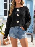 Women Roll Edge Cable Knit Off Shoulder Crochet Patchwork Sweater