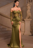 Women Lace See-Through Sleeve Slit Formal Party Evening Dress