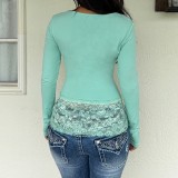 Women U-Neck Lace Patchwork Solid Long Sleeve Top T-Shirt