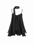 Women Chiffon Spaghetti Strap Neck Tie Ruffle Dress