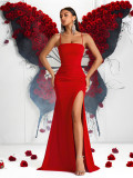 Women Red Off Shoulder Spaghetti Strap Rose Butterfly Slit Formal Party Evening Dress
