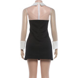 Women Autumn Sexy Color Block Mesh See-Through Dress