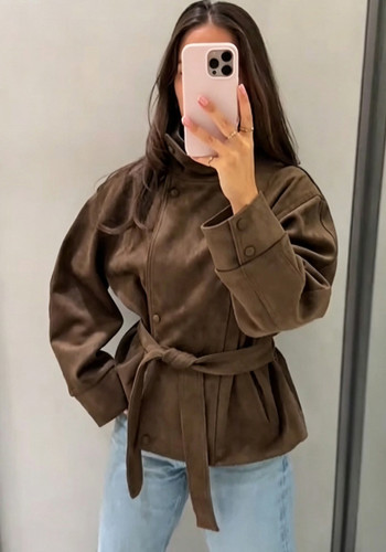 Women Irregular Turndown Collar Lace-Up Belted Jacket
