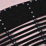 Women Hollow Out Faux Pu-Leather Rivet Stretchy Striped Strapless Top