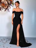 Women Off Shoulder Strapless Black Sequin Mermaid Formal Party Evening Dress