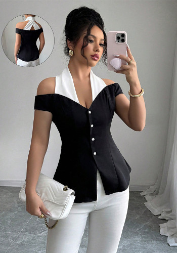 Women Halter Neck Color Block Patchwork Blouse Top