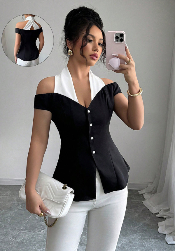 Women Halter Neck Color Block Patchwork Blouse Top