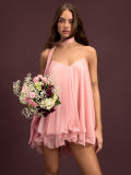 Women Chiffon Spaghetti Strap Neck Tie Ruffle Dress