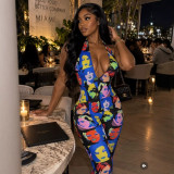 Women Printed Halter Neck Backless Jumpsuit