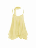 Women Chiffon Spaghetti Strap Neck Tie Ruffle Dress