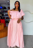 Plus Size Women Summer Off Shoulder Puff Sleeve Cropped Top and Skirt Two Piece Set
