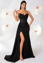 Women Strapless Lace Sexy Boned Slit Formal Party Evening Dress Women Strapless Lace Sexy Boned Slit Formal Party Evening Dress