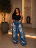 Women American Style Irregular Ripped Denim Long Pants