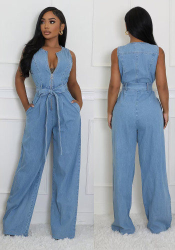 Women Stretchy Washed Denim Jumpsuit