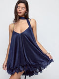 Women Chiffon Spaghetti Strap Neck Tie Ruffle Dress