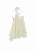 Women Chiffon Spaghetti Strap Neck Tie Ruffle Dress