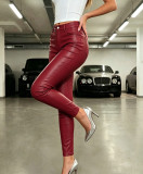 Women Solid Casual Pu-Leather Cropped Long Pants